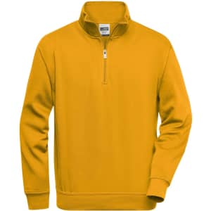 A half zip sweat jumper in bright yellow, featuring long sleeves and a collar, with a logo on the chest.