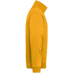 A yellow half zip work jumper with long sleeves and a high collar, featuring a logo.
