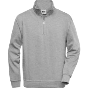 A grey half-zip sweatshirt with long sleeves and a collar. It features a brand logo on the fabric.