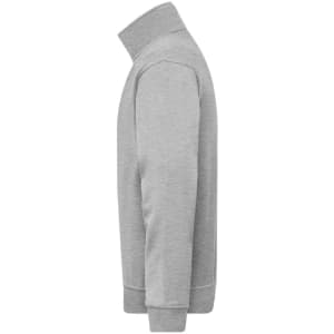 A grey half zip sweatshirt in a workwear style with a ribbed neckline and cuffs, featuring a logo.