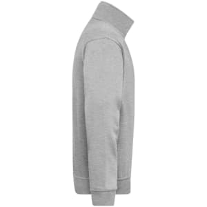 A grey half zip sweatshirt with a high collar and long sleeves, featuring a logo.