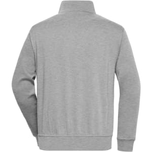 A grey half zip sweatshirt featuring a collar and a back view, designed for workwear. It includes a logo.