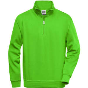 A bright green half zip sweat jumper made from soft fabric, featuring a collar and a zippered neckline.