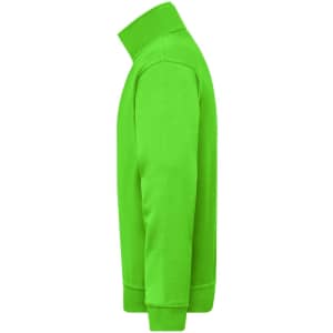 A bright green Workwear Half Zip Sweat in a side view, featuring a high collar and a casual fit. It has a logo on the design.