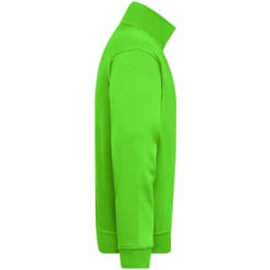 A bright green half-zip jumper with long sleeves and a tall collar. It features a logo on the front.