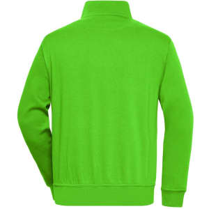 A bright green half zip sweat jumper with a collar and a logo on the back. Suitable for workwear.