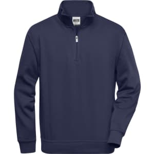 A navy half-zip sweat jumper with long sleeves and a collar. The product features a small logo on the chest.