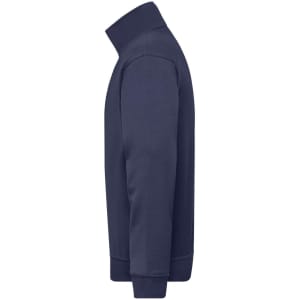 A navy blue half zip sweatshirt, featuring a collar and long sleeves, displayed from the side view.