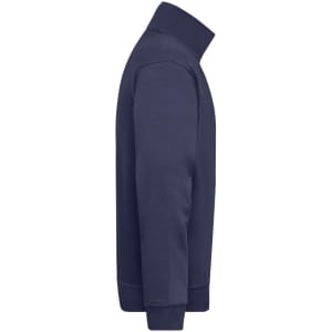 A navy blue workwear half zip sweatshirt displayed from the side, featuring a collar and ribbed cuffs.
