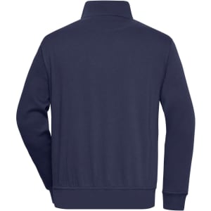 A navy blue half zip sweat jumper with a collar and a plain back design. Features a logo.