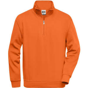 An orange half zip sweatshirt with long sleeves and a front zip collar. It features a logo on the chest.