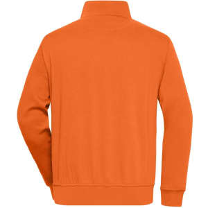 An orange half zip sweatshirt with a plain back view, featuring a collar. It has a logo on the fabric.