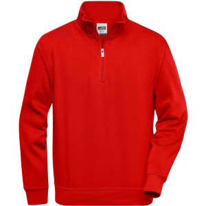 A red half zip sweatshirt with long sleeves, featuring a collar and a logo on the chest.