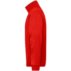 A red half zip sweat jumper displayed from the side, featuring long sleeves and a high collar. It has a logo on it.