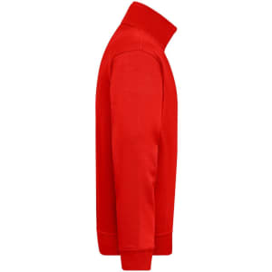 A red half zip sweat jumper with long sleeves and a high collar, featuring a logo on the front.