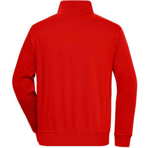 A red half zip sweatshirt featuring a high collar and long sleeves, with a logo on the back.