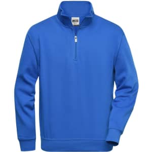 A blue half zip sweat jumper with long sleeves and a collar, featuring a logo on the front.
