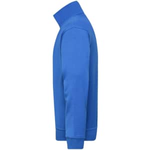 A blue half zip sweatshirt with a high collar, featuring long sleeves and a fitted design.