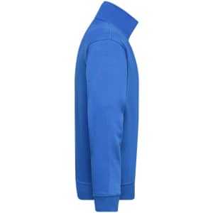 A blue half zip sweatshirt with a high collar and long sleeves, featuring a plain design and a logo.