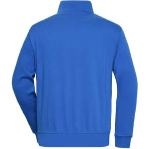 A blue half-zip sweat jumper with a collar and long sleeves, featuring a branded logo.