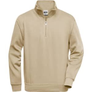 A beige half zip sweat with long sleeves and a collar. Features a logo on the front.