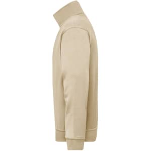 A beige half zip sweat jumper displayed from the side, featuring a collar and a fitted design. Contains a logo.