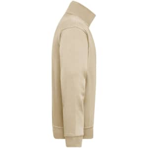 A Workwear Half Zip Sweat in beige, featuring a high collar and long sleeves, with a logo on the garment.