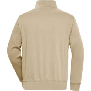 A beige half zip sweatshirt with a collar and long sleeves, featuring a branding logo on the back.