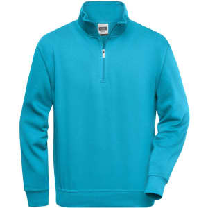 A half zip sweat jumper in bright turquoise, featuring long sleeves and a collar. It has a logo on it.