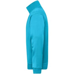 A turquoise half zip sweat with long sleeves and a high collar, featuring a simple design and a logo.
