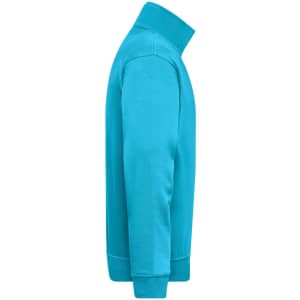 A vibrant turquoise half zip sweatshirt featuring a collar and long sleeves, with a logo on the side.