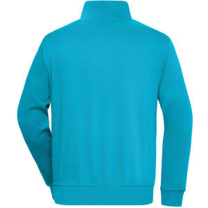 A turquoise half zip sweat jumper featuring a collar and long sleeves, with a logo on the back.