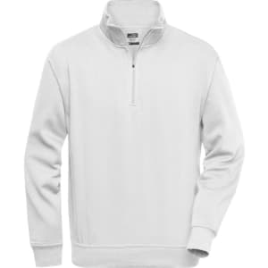 A light grey half-zip sweatshirt with a collar and long sleeves, featuring a branding logo.