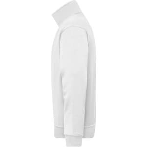A white half zip sweatshirt with a high collar and ribbed cuffs, featuring a logo on the chest.