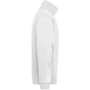 A white half zip sweatshirt with a high collar and cuffed sleeves, featuring a logo on the side.