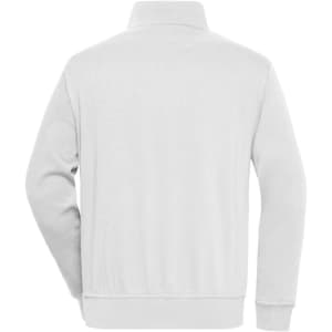 A white half zip sweatshirt with a collar and long sleeves, featuring a plain back and a logo on the front.