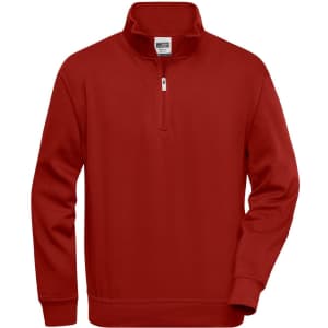 A red half zip sweatshirt designed for workwear, featuring long sleeves and a collar with a zipper.