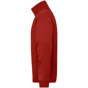 A red half zip sweat jumper featuring a high collar and long sleeves, with branding on the side.