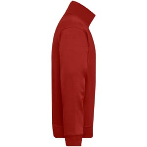 A red half zip sweat jumper displayed from the side, featuring a simple design and a collar.