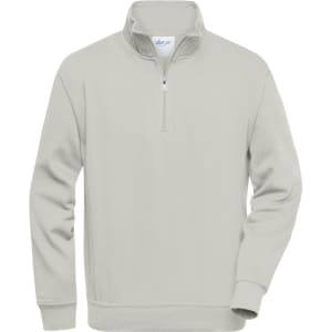 A light grey half-zip sweatshirt featuring long sleeves and a collar, designed for workwear. Includes a logo.