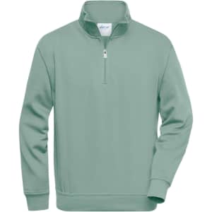 A mint green half-zip sweatshirt designed for workwear, featuring a collar and long sleeves. It has a logo on it.