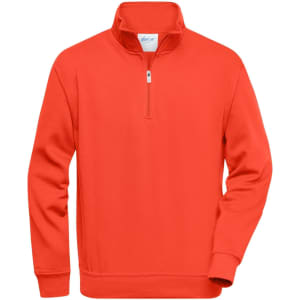 A vibrant orange half-zip sweatshirt with long sleeves and a casual fit, featuring a small branding logo.
