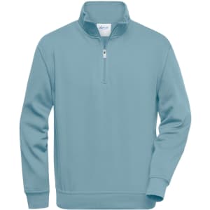 A light blue half zip sweat jumper featuring long sleeves and a zippered collar, with a logo on the chest.