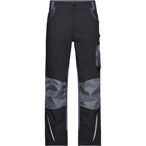 Workwear pants in black with grey details, featuring multiple pockets and a logo. Suitable for work environments.
