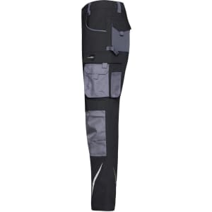 Workwear pants in black with grey accents, featuring multiple pockets and reflective details, and a logo present.
