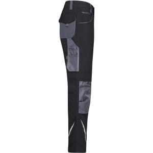 Workwear pants in black and grey, featuring multiple pockets and reinforced sections, with a logo present.
