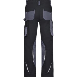 Workwear pants in black and grey with multiple pockets and reflective detailing. Features a logo on the back.