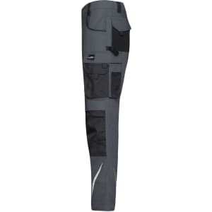 Workwear pants in grey with multiple pockets and black panel accents. Features a logo on the side.
