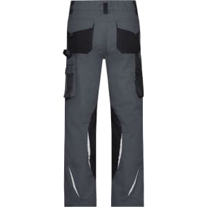 Grey workwear pants with black accents and multiple pockets at the back. Features include reflective details and a logo.