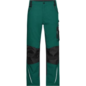 Workwear pants in green with black accents, featuring multiple pockets and a branding logo. Designed for durability.